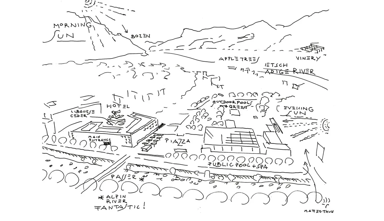Landascape view sketch of Terme Merano, Meran (IT), 2005
