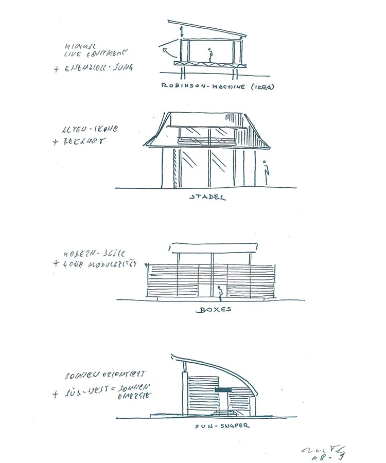 Sketch, O Sole Mio, First low-energy prefab house system for Griffner