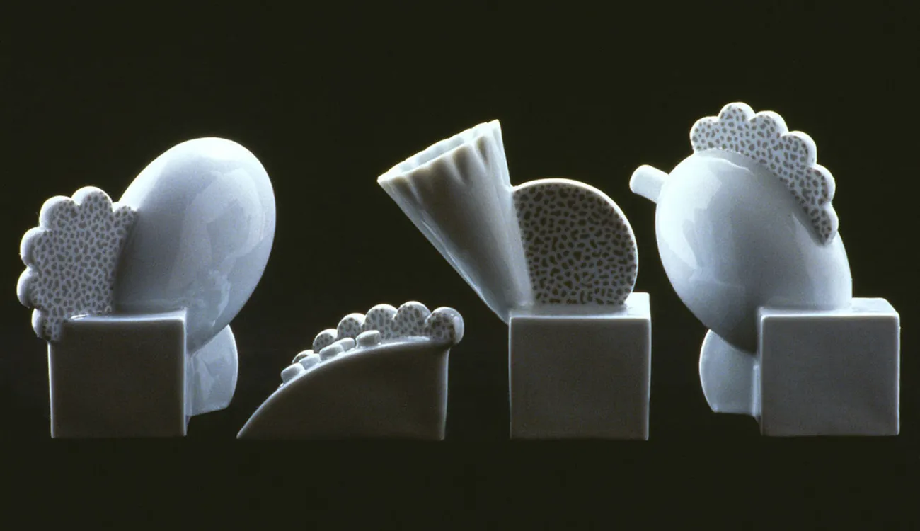 Ontario, Erie, Superior, Michigan: ceramics salt cellar and pepperpot, Memphis, 1982